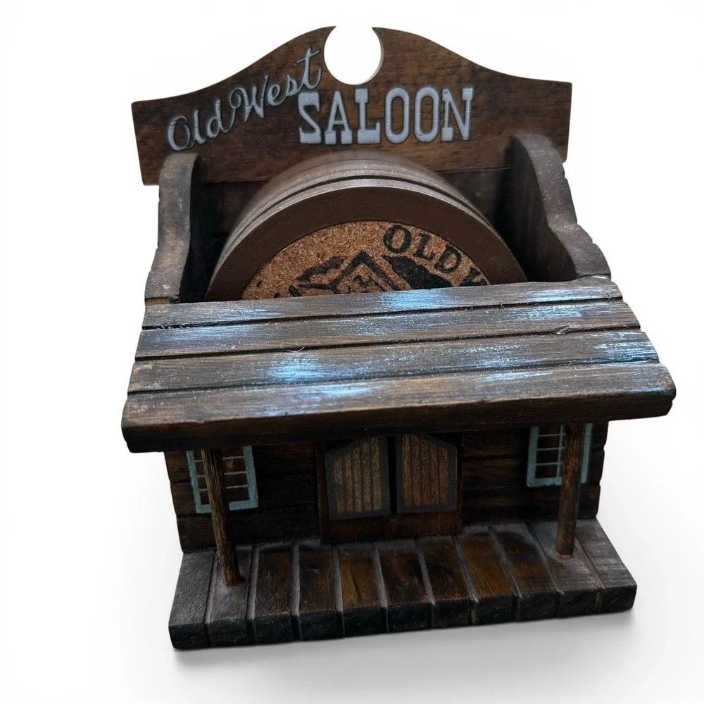 Vintage Old West Saloon Wood Drink Coaster Set 6 Rustic Western Country Cowboy